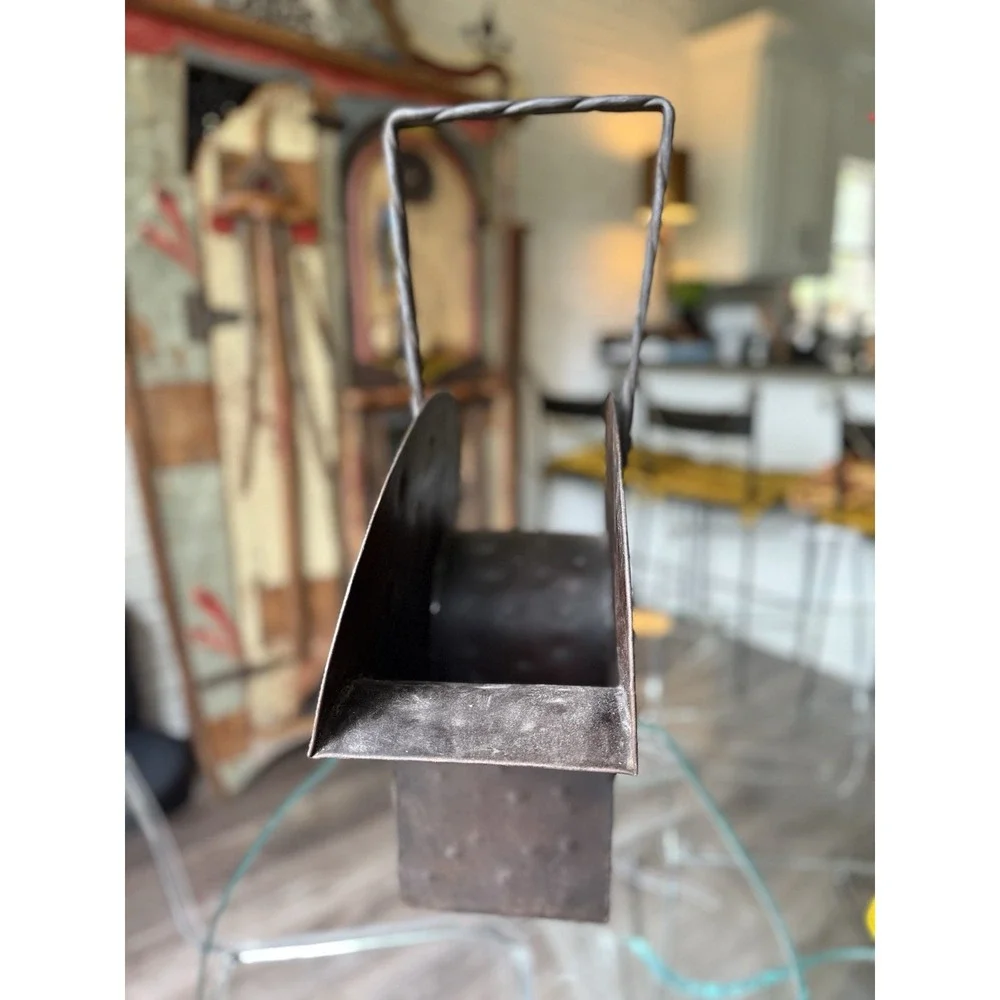 Vintage Hand Forged Iron Firewood Kindling Basket Twisted Handle Brutalist 23